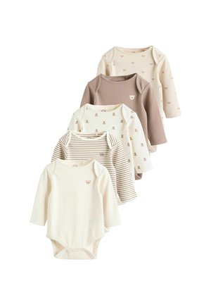 Set of five long-sleeve bodysuits in soft cotton. Colors include cream and beige with ribbed texture, bear print, and striped patterns.