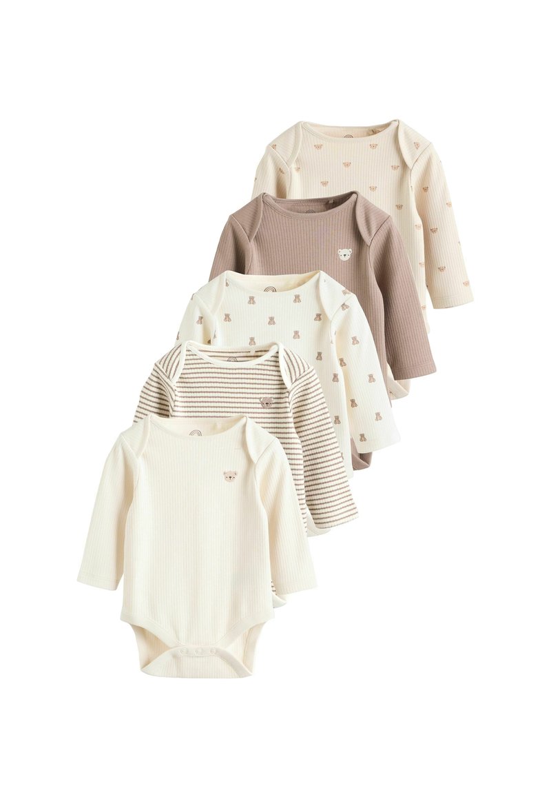Ensemble de cinq bodies à manches longues en coton doux. Les couleurs incluent crème et beige avec une texture côtelée, des impressions d'ours et des motifs rayés.