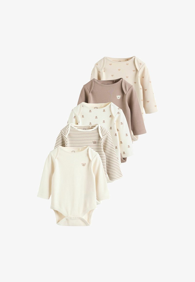 Ensemble de cinq bodies à manches longues en coton doux. Les couleurs incluent crème et beige avec une texture côtelée, des impressions d'ours et des motifs rayés.