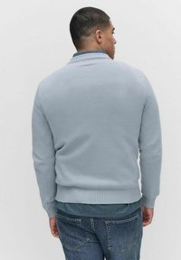 Vaaleansininen neulepusero, jossa on tekstuuri, ribbireunukset ja kaulus, kerroksittain farkkupaidan päällä. Näkyvissä takanäkymä.