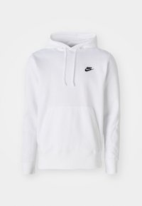 Bílá mikina s kapucí vyrobená z bavlněné směsi, má přední kapsu, kapuci se šňůrkou a černé logo Nike na hrudi. Jednoduchý design.