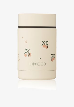 Izolovaná úložná nádoba LIEWOOD s krémovým vonkajškom, zdobená vzormi oranžových broskýň a zelených listov, čiernou silikónovou páskou, hladkou textúrou.