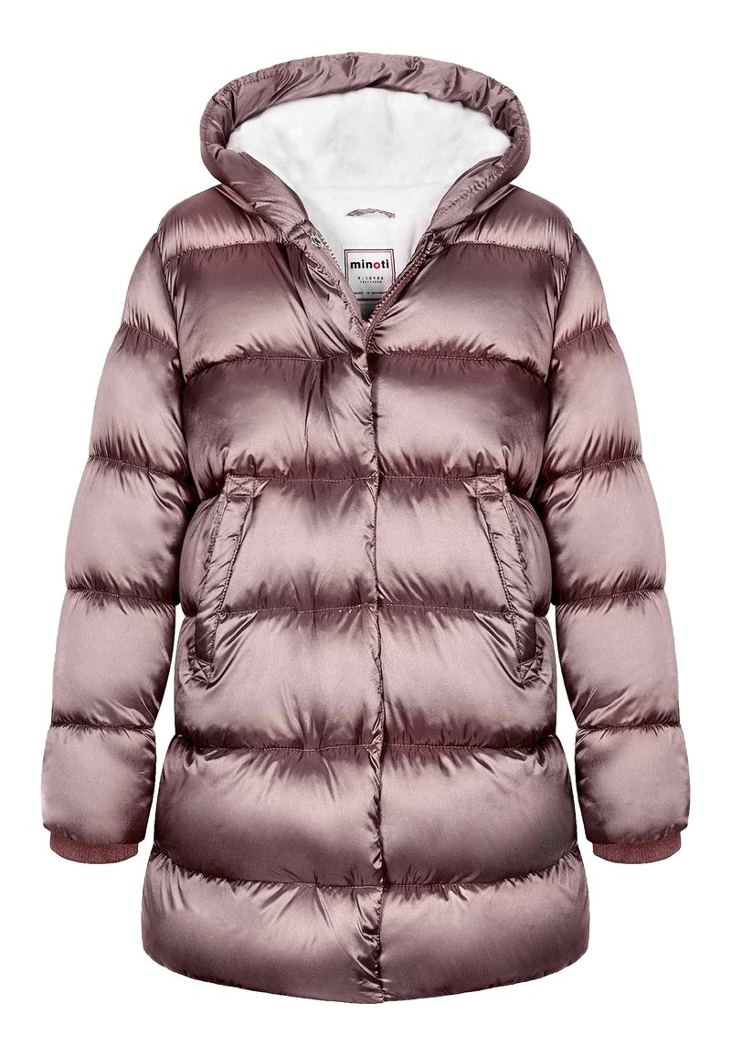 Puffy, mid-lange jas in rosegoud satijn. Voorzien van een capuchon, twee voorzakken, geribde manchetten en een witte fleece voering.