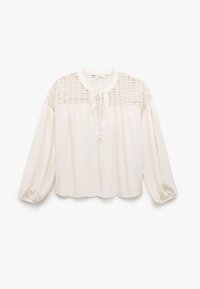 Blusa cremosa con scollatura rotonda, lunghe maniche a sbuffo, dettaglio in pizzo sul petto e un legaccio al collo. Tessuto morbido e leggero.