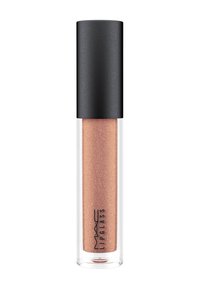 MAC Lipglass i en genomskinlig tube med ett svart, stilrent lock; innehåller en skimrande roséguldglans med en jämn finish och subtila glittrande partiklar.