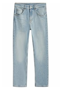 Light blue denim jeans with a straight leg, five-pocket design, and a faded finish. Features a metal button and belt loops on the waistband.