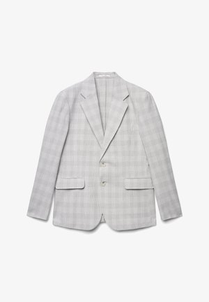 Blazer à carreaux gris clair avec deux boutons devant, revers crantés et deux poches à rabat, posé à plat sur un fond blanc.