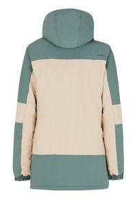 Farbig abgesetzte Winterjacke mit Kapuze, bestehend aus einem oberen Abschnitt in Türkis und einem cremefarbenen Mittelband, akzentuiert mit elastischen Bündchen und glatter Textur.