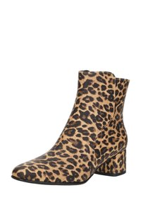 Luipaardprint enkelboots van synthetisch materiaal, met een vierkante neus, lage blokhak en een slanke silhouet met zijknappers.