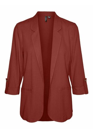Blazer rouge rouille à ouverture frontale avec revers crantés et manches trois-quarts ornées de pattes boutonnées, doté de poches passepoilées à l'avant.