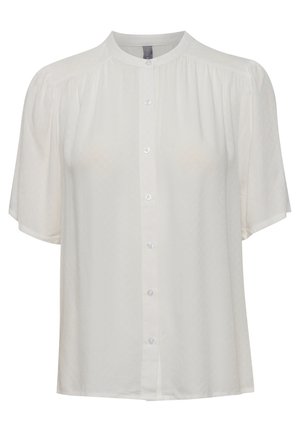 Chemisier blanc à manches courtes avec un col classique, présentant une fermeture à boutons sur le devant et une texture subtile sur l'ensemble du tissu.