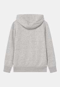 Hoodie grigio chiaro a macchie visto da dietro, con maniche lunghe, cappuccio e polsi e orlo a coste.