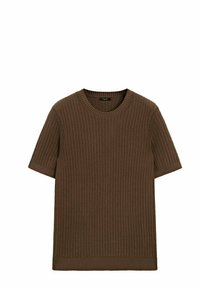 Brun kortærmet strik T-shirt med en tekstureret overflade, rund halsudskæring og ribbet kant. Casual design egnet til hverdagsbrug.