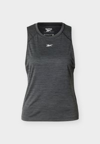 Σκούρο γκρι αμάνικη αθλητική φανέλα Reebok με στρογγυλή λαιμόκοψη και λευκό λογότυπο στο στήθος και στο εσωτερικό της γιακάς.