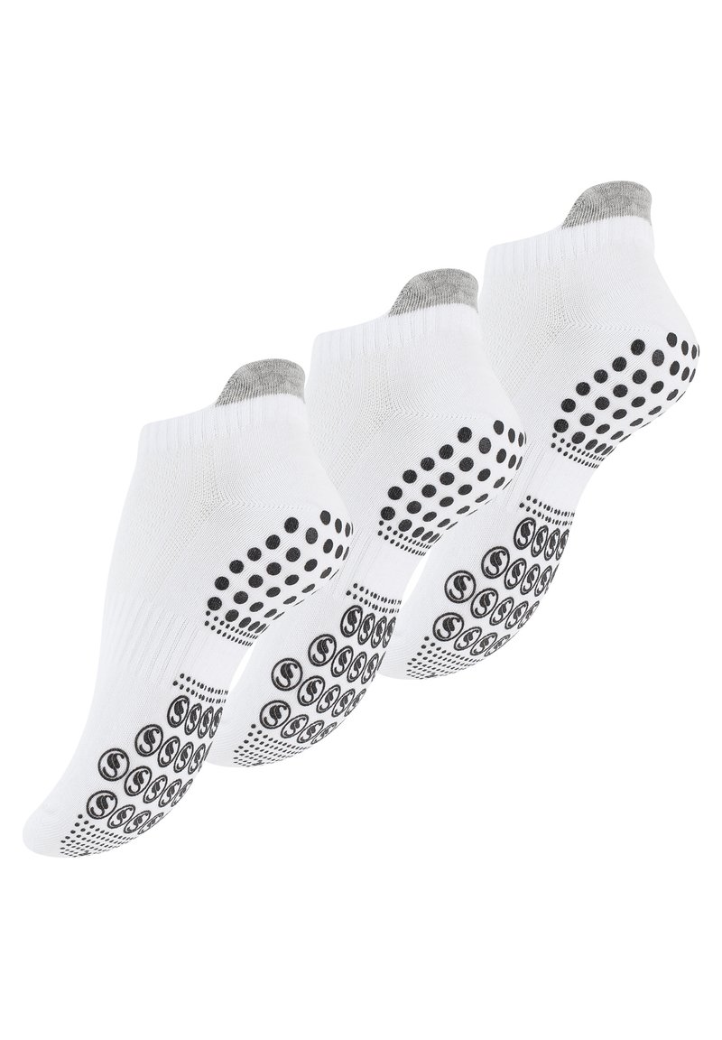 Calzini bianchi alla caviglia con polsini a costine grigie; puntini in gomma nera antiscivolo sulla suola; materiale a maglia leggero; inclusi tre paia.