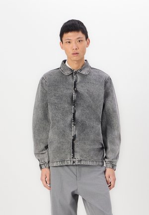 Gray denim jacket with a button closure, spread collar, and elastic cuffs. Features a faded wash and straight fit design.