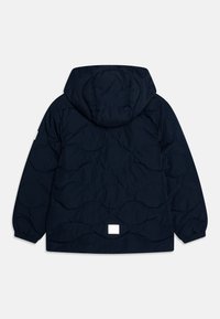 Navy quilted jacket with a hood, featuring a textured pattern and elastic cuffs. Includes a square logo patch on the lower back.