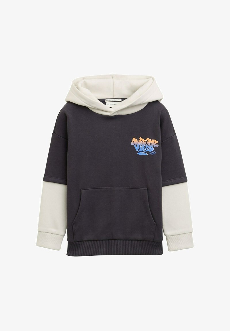 Felpa con cappuccio caratterizzata da un corpo grigio scuro con un cappuccio grigio chiaro, tasca frontale e grafica "Awesome Vibes" in blu e arancione.