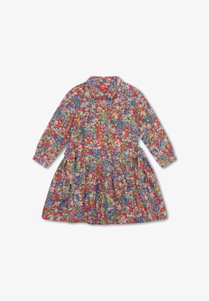 Langekleed met lange mouwen van bloemenstof, gekenmerkt door levendige kleuren, een knopenrij aan de voorkant en een geplooide rok met een gelaagd ontwerp.