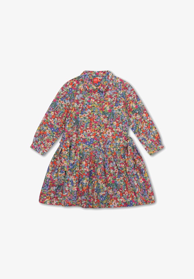 Langekleed met lange mouwen van bloemenstof, gekenmerkt door levendige kleuren, een knopenrij aan de voorkant en een geplooide rok met een gelaagd ontwerp.