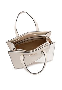 Bolso tote de cuero beige con bordes negros, que cuenta con dos asas y un compartimento con cremallera, mostrando un exterior liso y un interior suave.