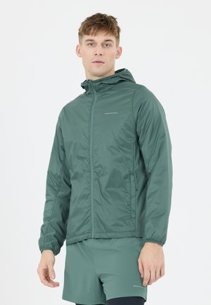 Ein Mann trägt eine türkisfarbene Kapuzenjacke mit Reißverschluss und passende Shorts, steht vor einem weißen Hintergrund und blickt geradeaus.