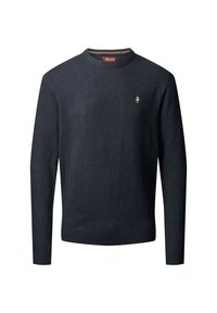 Granatowy sweter z dzianiny o okrągłym dekolcie i ściągaczowych mankietach. Na piersi znajduje się małe złote logo.