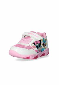 Sneaker per bambini rosa e bianco con design in rete, cinturino a strappo, con grafica di cartoni animati di personaggi sul lato.