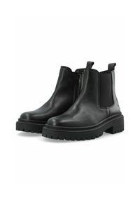 Botines de cuero negro hasta el tobillo que cuentan con un cierre lateral, paneles elásticos, una suela de goma gruesa y una textura suave con un detalle mínimo.
