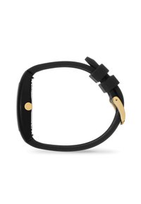 Schwarze rechteckige Smartwatch mit einem glatten Gummiband, goldener Kronenakzent und Schnalle. Schlankes Design mit minimalistischer Anzeige.