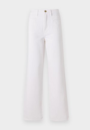 Fehér, bő szabású farmernadrág, magas derékkal, elülső gombos záródással és két hátsó zsebbel. Sima textúra, minimális varrási részletekkel.