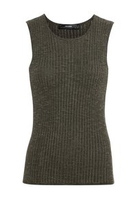 Oliwkowy bezrękawnik o żebrowanej teksturze, z okrągłym dekoltem i lekkim materiałem, zaprojektowany dla dopasowanego kroju.
