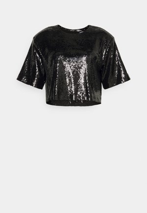 Svart cropped topp med korte ermer, laget av paljettstoff, med en glatt tekstur og rund halslinning.