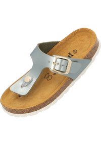 Sandalo infradito in pelle grigia con fibbia argento, soletta in sughero e insole tan testurizzata. Suola in gomma bianca. Finitura liscia sulla cinghia superiore.