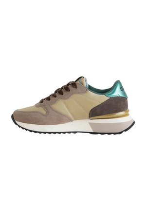 Beige and brown suede sneaker with teal heel detail, black sole, and white midsole, shown in side profile on white background.