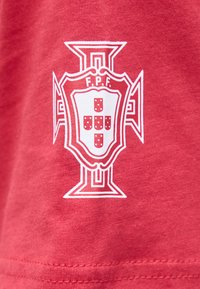 Tissu rouge avec un emblème blanc représentant une croix et un écu avec cinq petits écus, marqué "F.P.F." dans la partie supérieure.