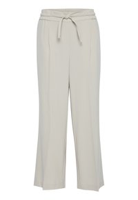 Beige broek met een relaxte pasvorm, een elastische tailleband met een gestrikte trekkoord, voorplooien en wijde pijpen. Soepele stoftextuur.