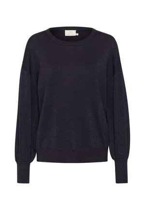 Dunkelblauer Pullover mit entspannter Passform, gefertigt aus einem strukturierten, glitzernden Material. Merkmale sind lange Ärmel und ein runder Ausschnitt.