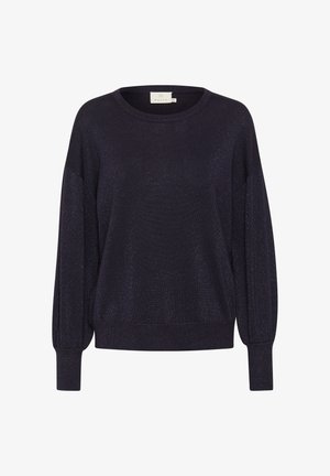 Dark navy pullover sweater with a relaxed fit, crafted from a textured, sparkly material. Features long sleeves and a rounded neckline.