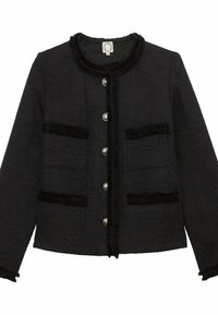 Veste noire texturée avec bordure pelucheuse, col rond et fermeture par boutons sur le devant. Comprend deux poches avant avec accents noirs.