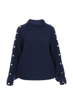 Navy blue chunky knit sweater with high neck and gold buttons running along the full length of both sleeves.