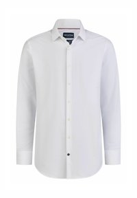 Wit langwerpig shirt met lange mouwen, van katoen, met een puntige kraag, knoopsluiting aan de voorkant met lichte knopen, en een zwart knoopdetail aan de zoom.