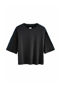 Black cropped short-sleeve T-shirt with dark blue stripe detail along the shoulders and sleeves, displayed on a white background.