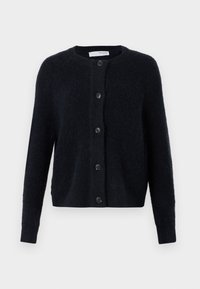 Mörkblå kofta i texturerat tyg med rund hals, långa ärmar och sex svarta knappar fram.