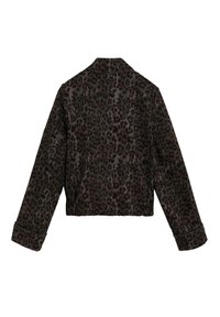 Dark brown and black leopard print long-sleeve cropped jacket with a collar and stitched detailing on cuffs and neckline.