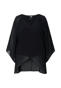 Blouse noire transparente avec col en V, manches longues fluides et ourlet asymétrique superposé, présentée sur fond blanc.