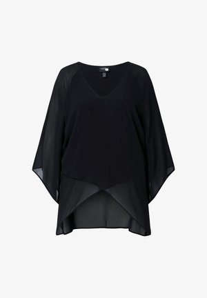 Schwarze transparente Bluse mit V-Ausschnitt, fließenden langen Ärmeln und geschichtetem asymmetrischem Saum, auf weißem Hintergrund dargestellt.