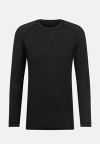 Chemise noire à manches longues en tissu lisse, dotée d'un col arrondi et de manches raglan pour une liberté de mouvement totale.