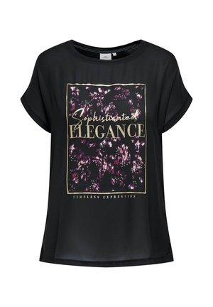 Top corto negro de manga corta hecho de tejido ligero, con un estampado gráfico floral, texto dorado y un diseño de corte relajado.