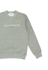 Grey sweatshirt with long sleeves, V-neckline, and ribbed cuffs. Features white and red embroidered text "JECKERSON EST. 1995." Simple design.